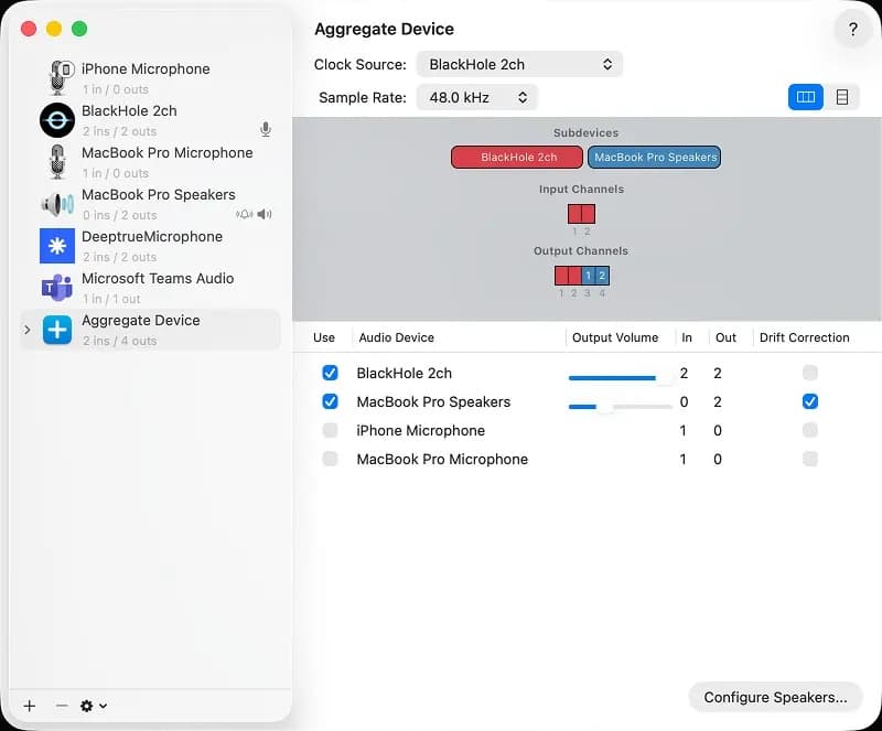 Настройка виртуального аудио BlackHole в Audio MIDI Setup на macOS для замены голоса